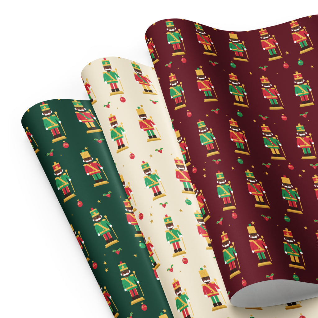 Brown Skin Nutcracker Wrapping Paper Set of 3, Green Red Cream Christm ...