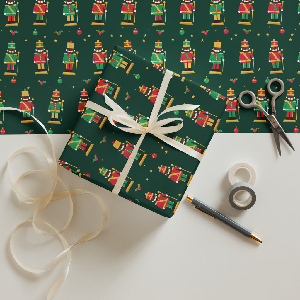 Brown Skin Nutcracker Wrapping Paper Set of 3, Green Red Cream Christm ...